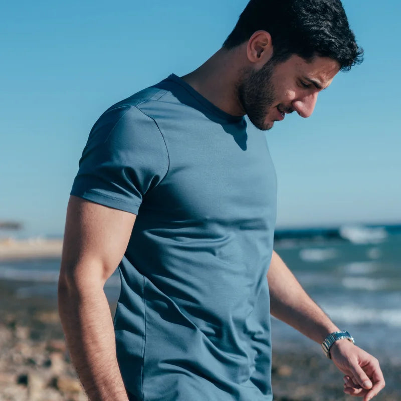Denim blue premium men’s crew-neck made from Egyptian cotton by Intersect Collection